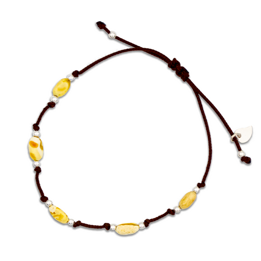 Elegant Healing Bracelet Made of Creamy White Amber with Brown Cord